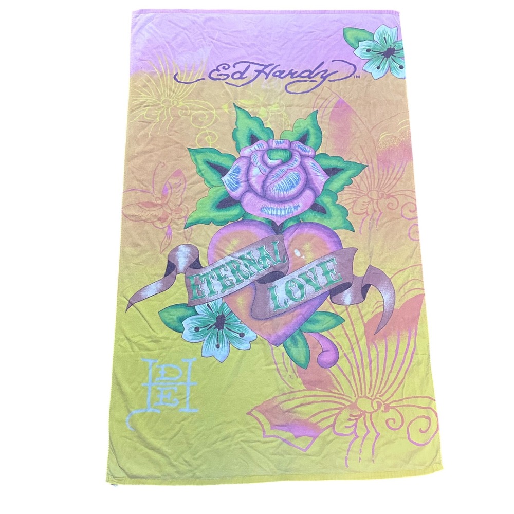 Ed Hardy Beach Towel Green Pink Good Eternal Love Rose Tattoo Y2K